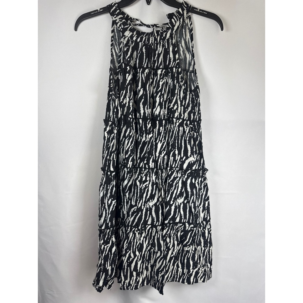 THML Zebra Animal Print Tiered Mini Dress Black White Halter Neck XS Boho